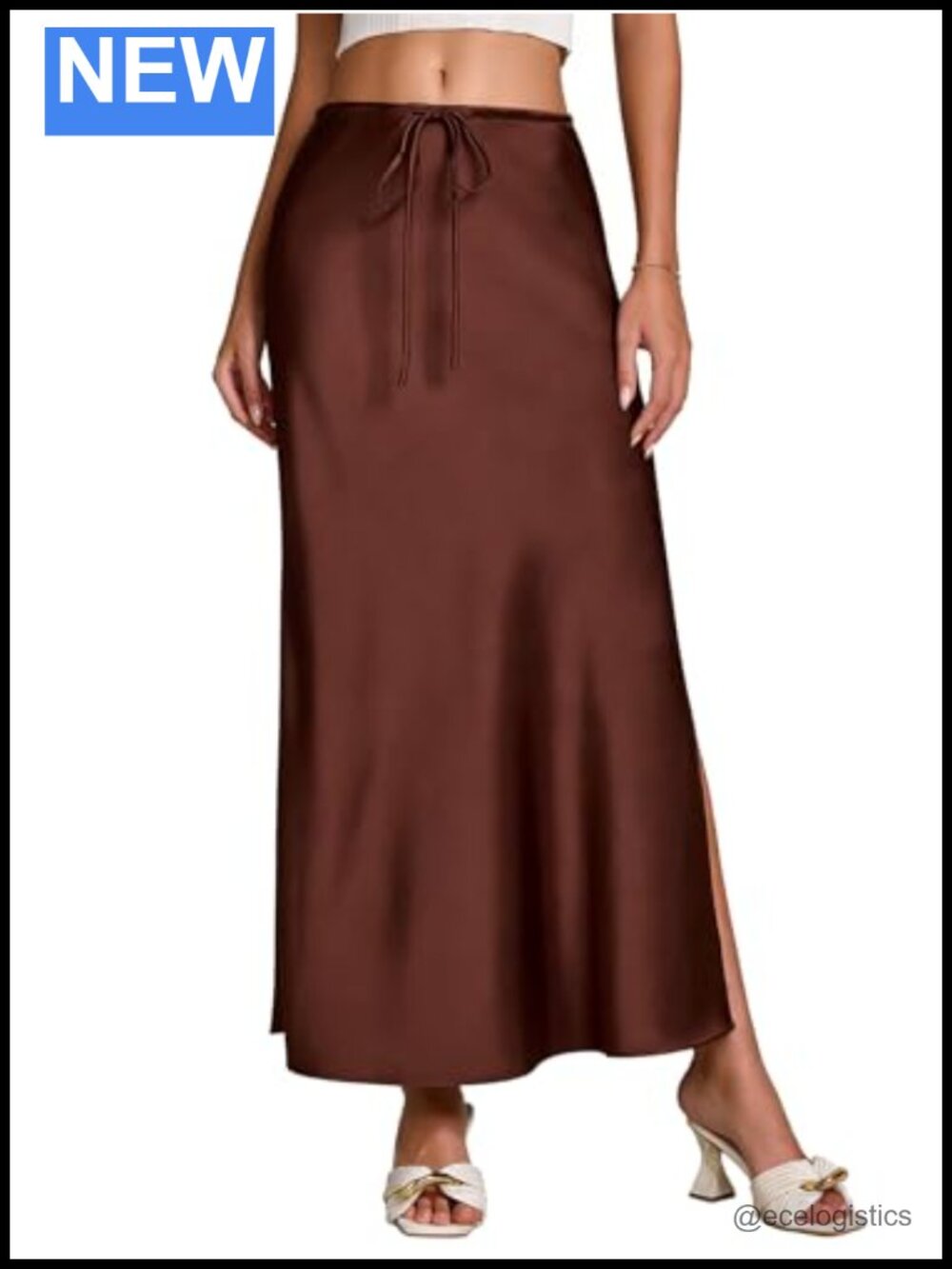 Womens Satin Maxi Skirt Flared A-Line Drawstring Slit Silk Casual Long